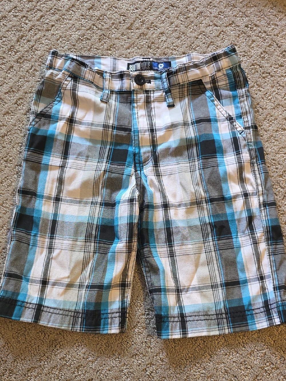 South Pole Teal, Blue and White Plaid Kids Shorts Boys 6